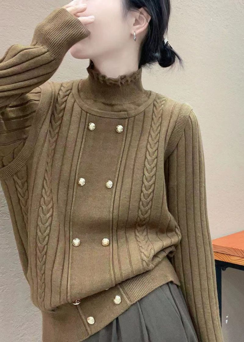 Italiensk Beige Ruffled False Two Piece Woolen Sweater Tops Fall - Ullrockar för kvinnor