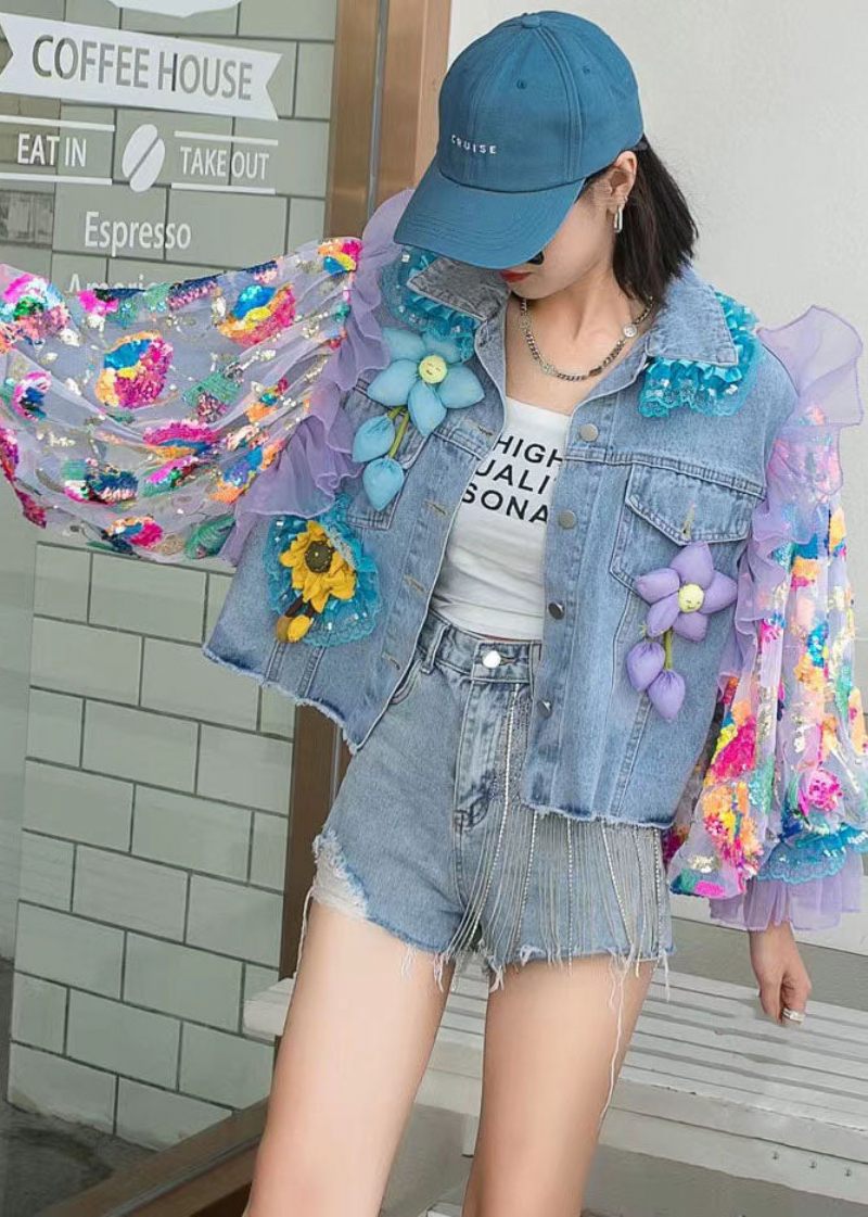 Italiensk Blå Tyll Volang Paljetter Blommiga Dekorerade Patchwork Denim Coat Spring