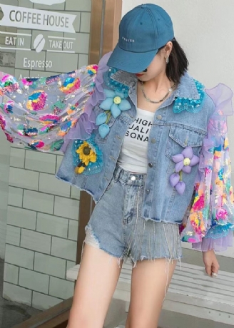 Italiensk Blå Tyll Volang Paljetter Blommiga Dekorerade Patchwork Denim Coat Spring