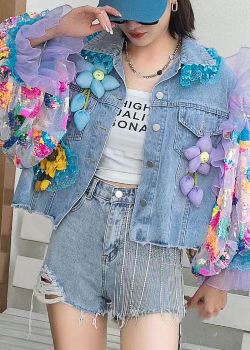 Italiensk Blå Tyll Volang Paljetter Blommiga Dekorerade Patchwork Denim Coat Spring - Vinterkappor för kvinnor