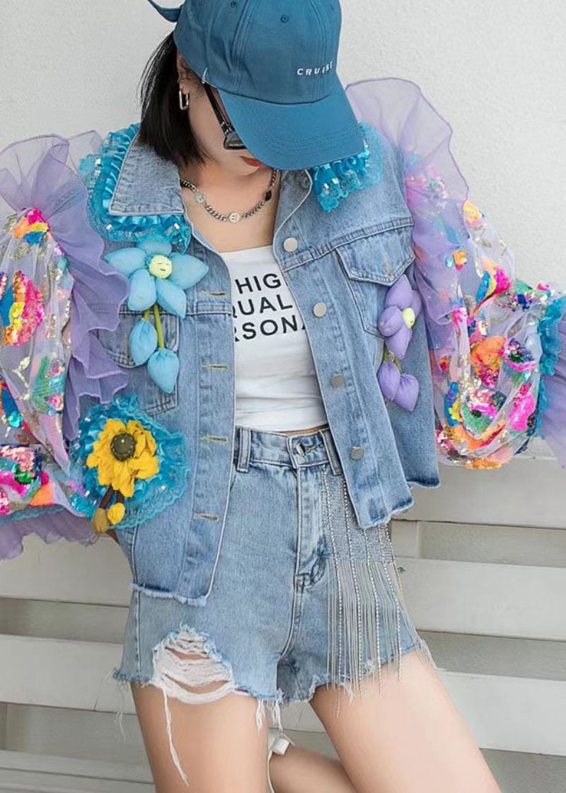 Italiensk Blå Tyll Volang Paljetter Blommiga Dekorerade Patchwork Denim Coat Spring - Vinterkappor för kvinnor