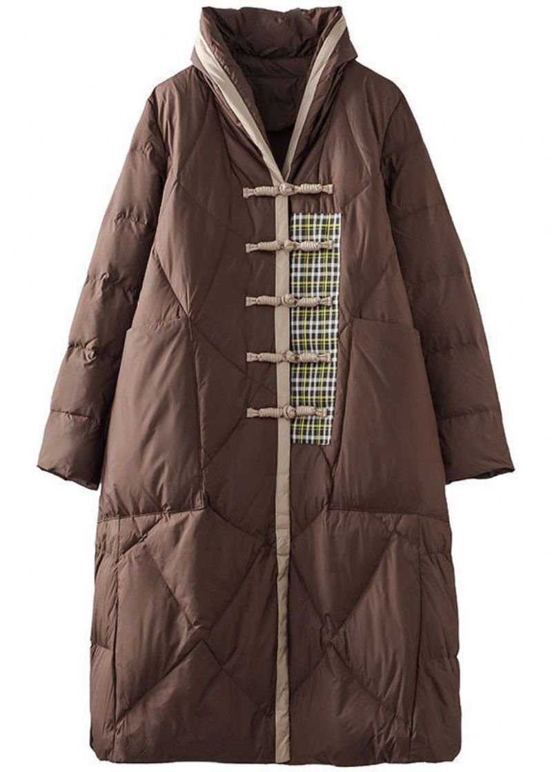 Italiensk Choklad Mandarin Krage Oversized Patchwork Duck Dun Puffer Jacka Vinter - Dunjackor för kvinnor