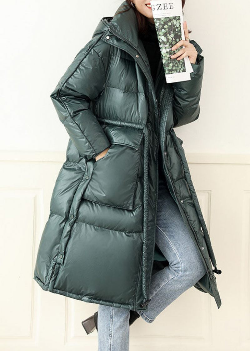 Italiensk Grön Zip Up Dragsko Hooded Patchwork Duck Down Puffer Jacka Vinter - Dunjackor för kvinnor