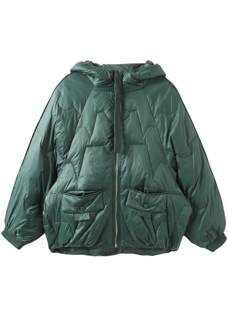 Italiensk Grön Zip Up Oversized Hooded Duck Down Coat Vinter - Dunjackor för kvinnor