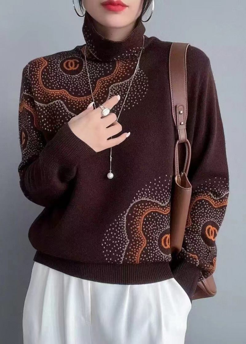 Italiensk Kaffe Turtleneck Zircon Patchwork Ullstickade Tröjor Höst