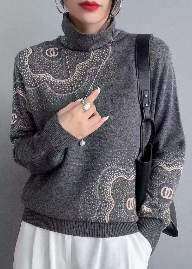 Italiensk Kaffe Turtleneck Zircon Patchwork Ullstickade Tröjor Höst - Ullrockar för kvinnor