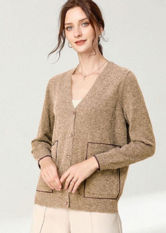 Italiensk Khaki V-halsfickor Spring Cardigan Långärmad