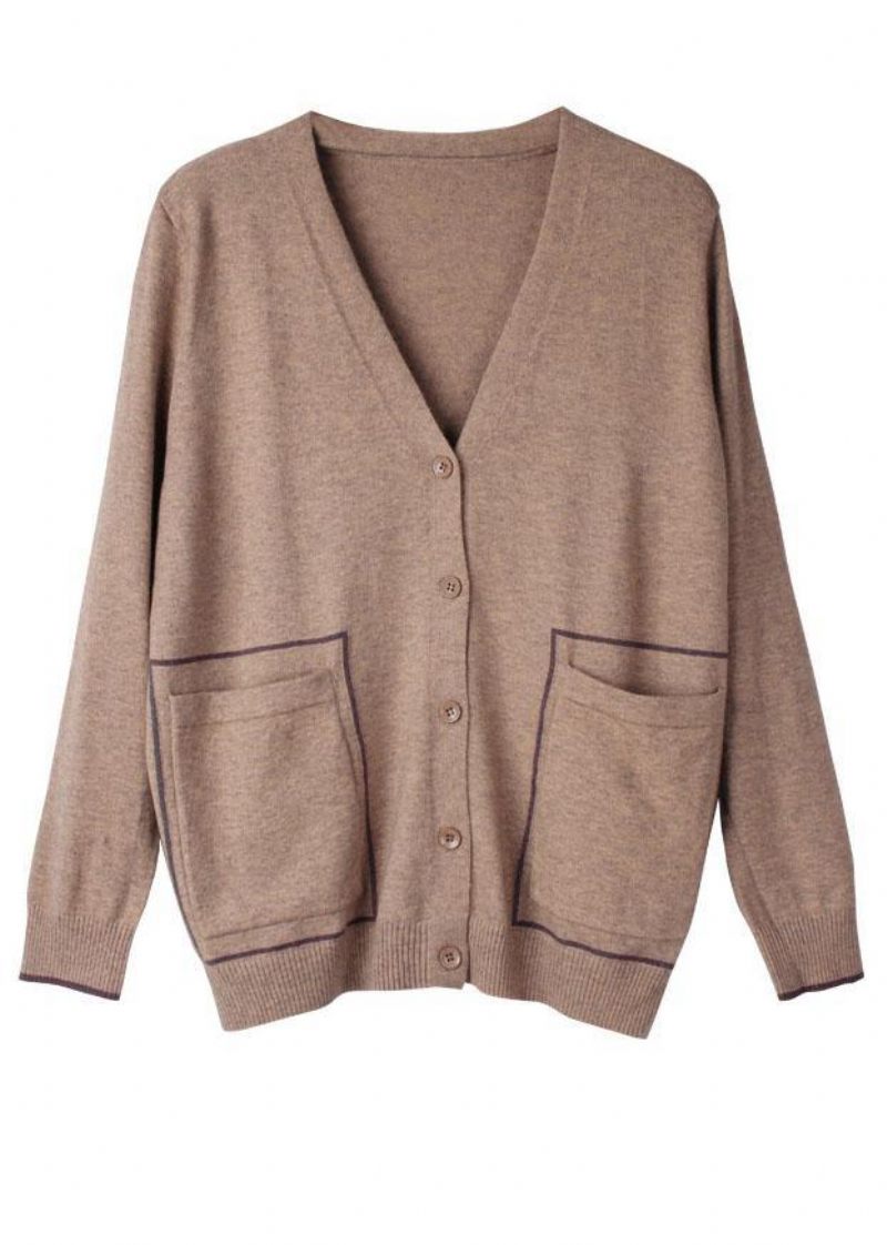 Italiensk Khaki V-halsfickor Spring Cardigan Långärmad - Kaki