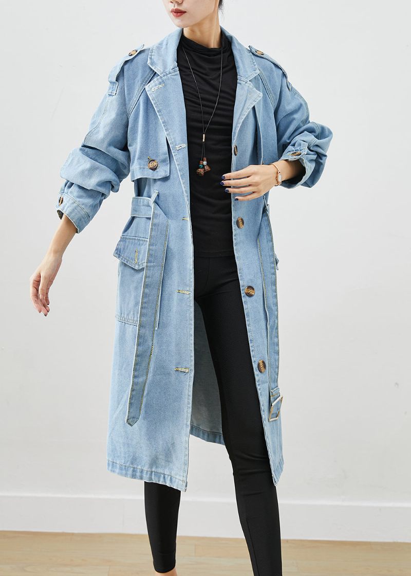 Italiensk Ljusblå Naggad Tie Midja Denim Trench Coat Fall