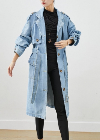 Italiensk Ljusblå Naggad Tie Midja Denim Trench Coat Fall