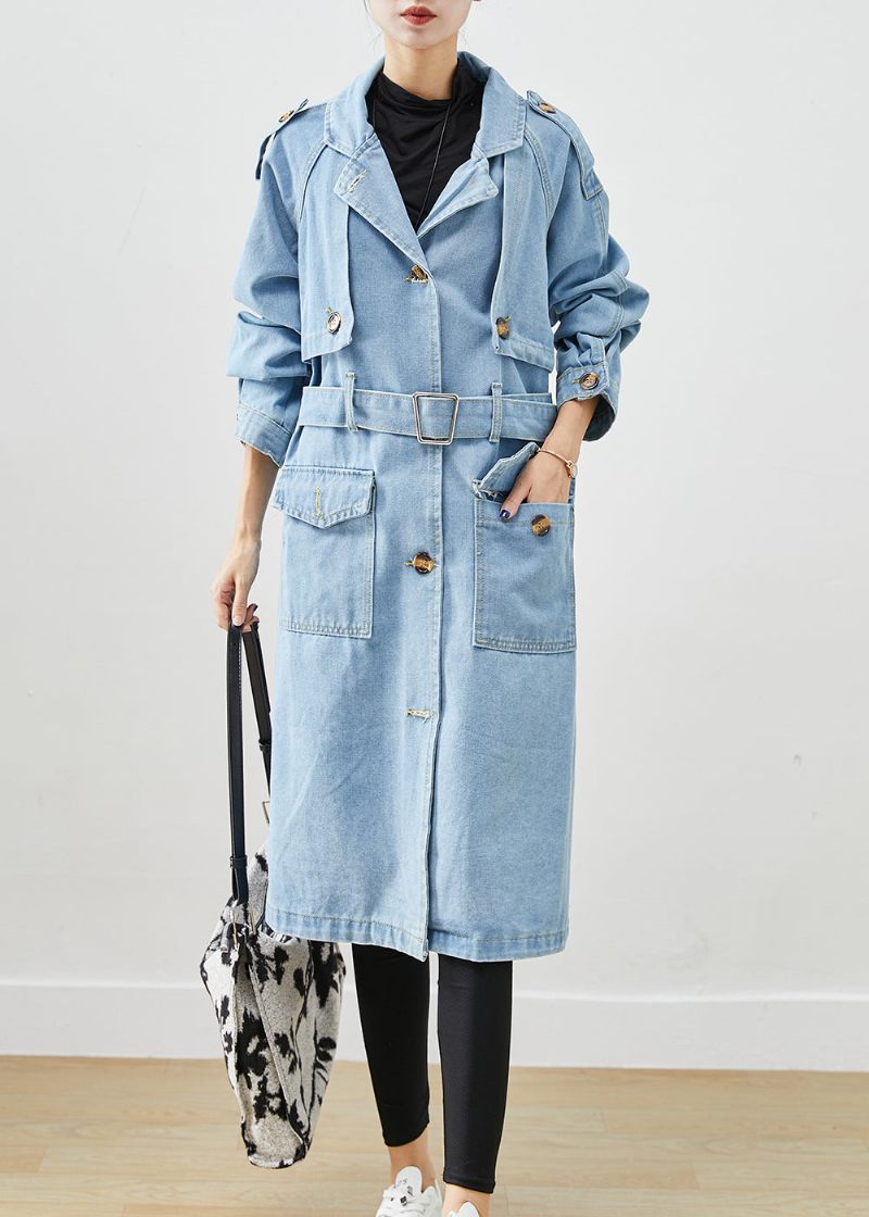 Italiensk Ljusblå Naggad Tie Midja Denim Trench Coat Fall - Trenchcoats för kvinnor