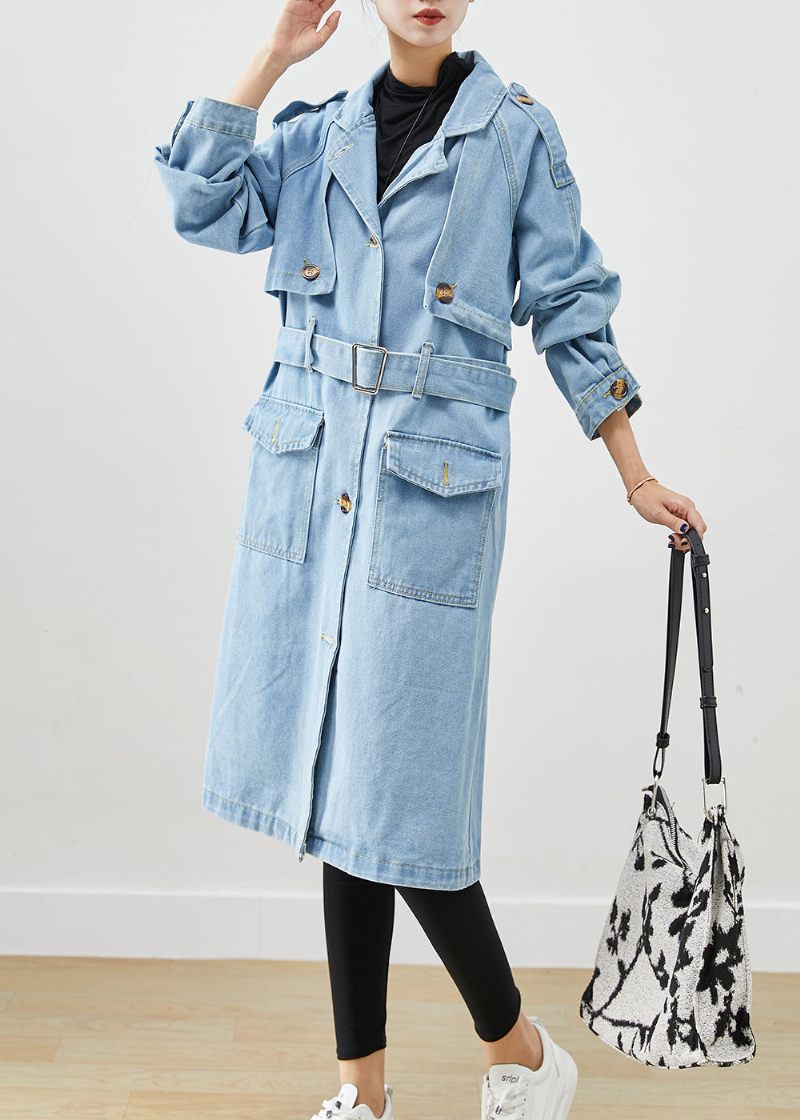 Italiensk Ljusblå Naggad Tie Midja Denim Trench Coat Fall - Trenchcoats för kvinnor