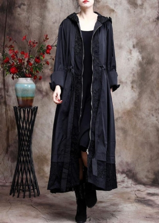 Italiensk Svart Broderi Plus Size Coat Hooded Maxi Coats