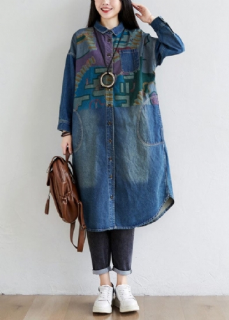 Italienska Blå Peter Pan Krage Fickor Print Denim Coat Spring