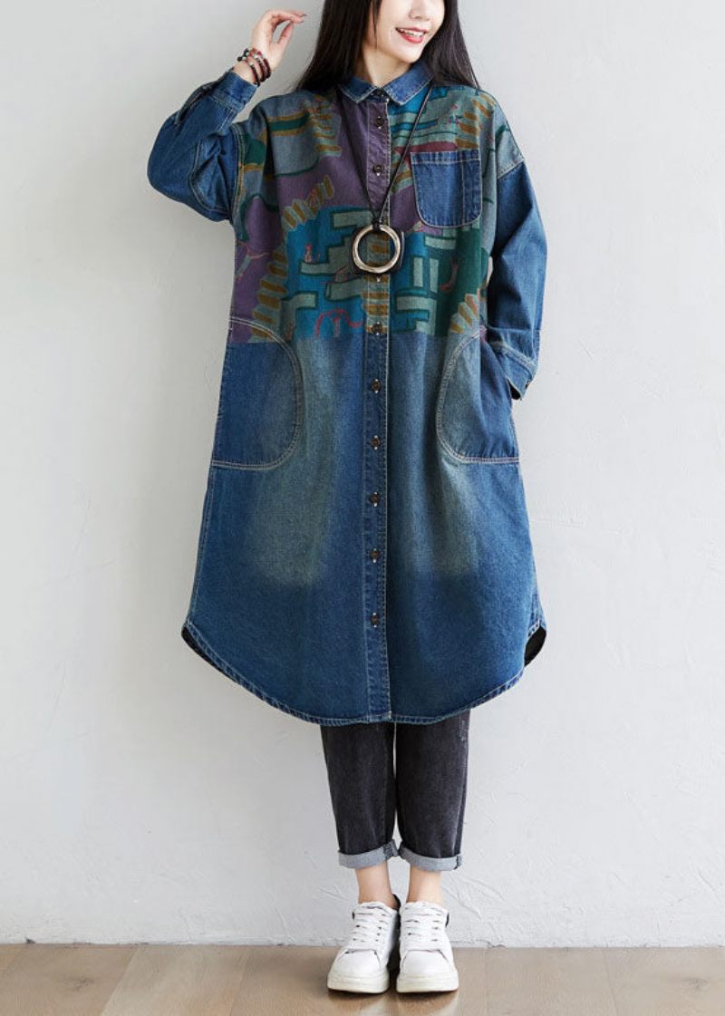 Italienska Blå Peter Pan Krage Fickor Print Denim Coat Spring - Vinterkappor för kvinnor