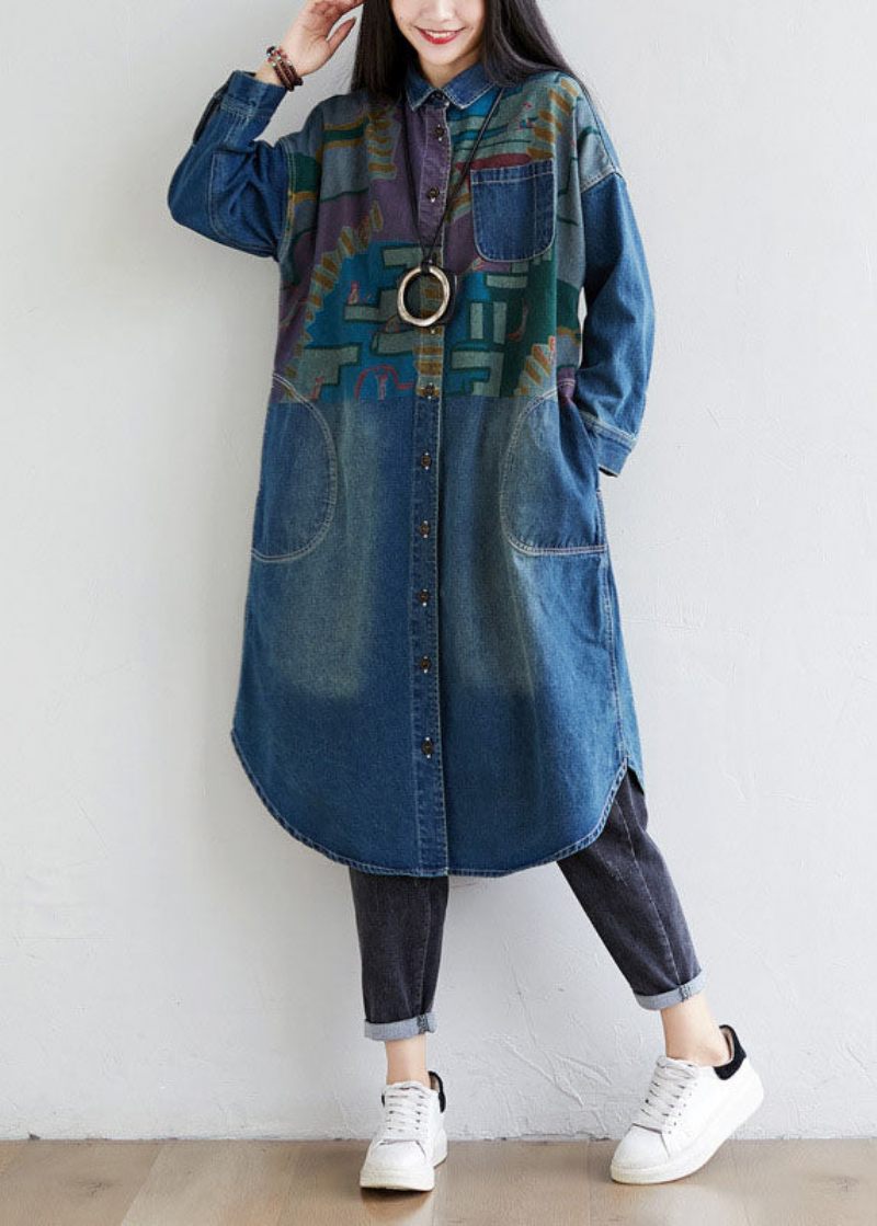 Italienska Blå Peter Pan Krage Fickor Print Denim Coat Spring - Vinterkappor för kvinnor