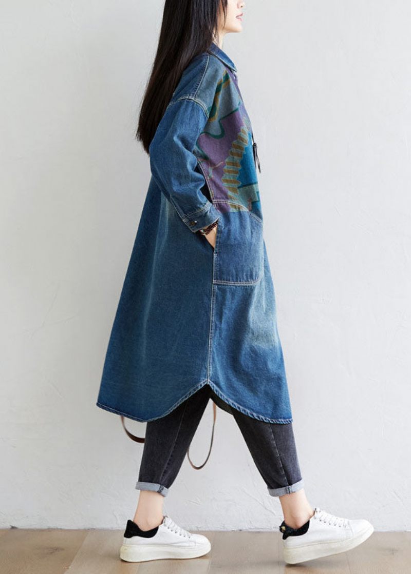 Italienska Blå Peter Pan Krage Fickor Print Denim Coat Spring - Vinterkappor för kvinnor