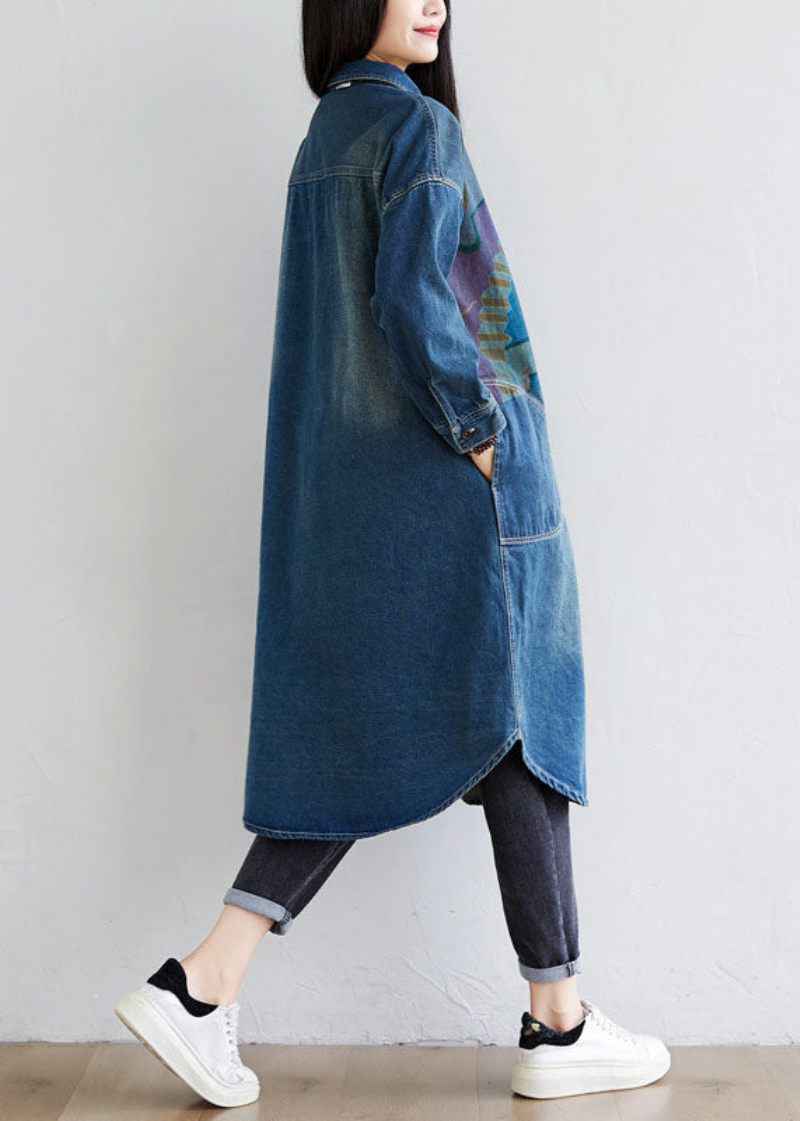 Italienska Blå Peter Pan Krage Fickor Print Denim Coat Spring - Vinterkappor för kvinnor