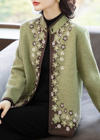 Italienska Gröna Knapptryck Patchwork Knit Coats Fall