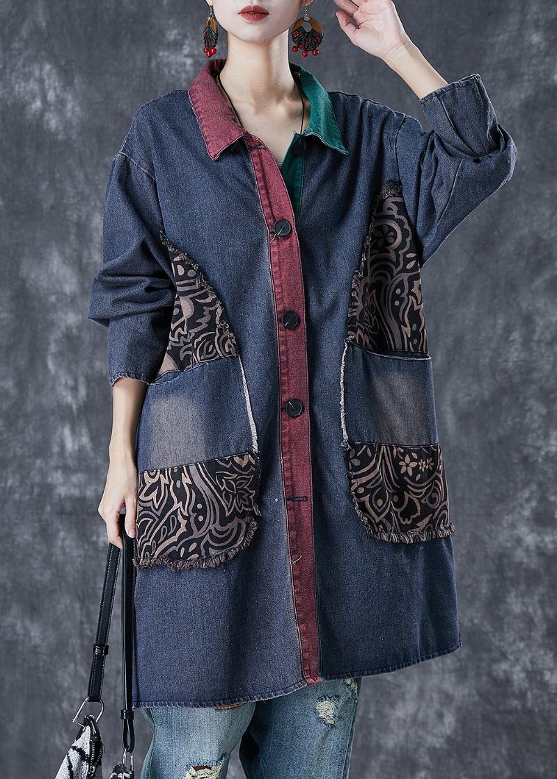 Italienska Marinen Oversized Patchwork Denim Ripped Trench Fall