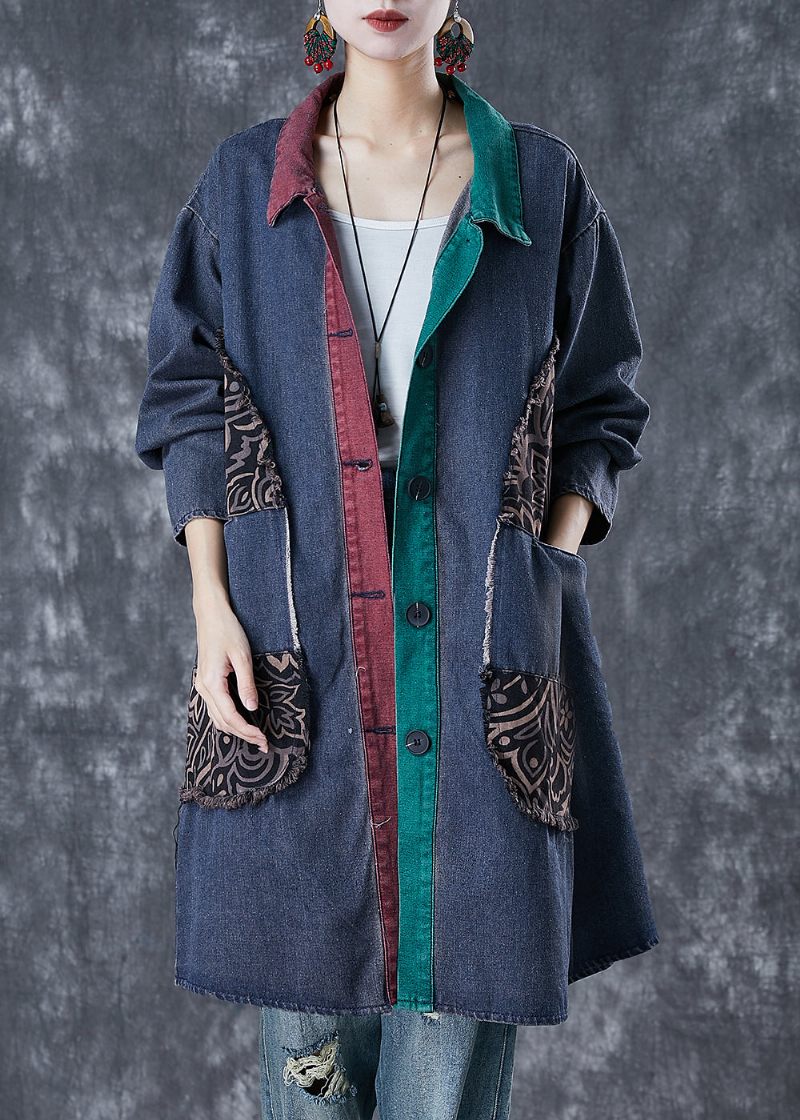 Italienska Marinen Oversized Patchwork Denim Ripped Trench Fall - Trenchcoats för kvinnor