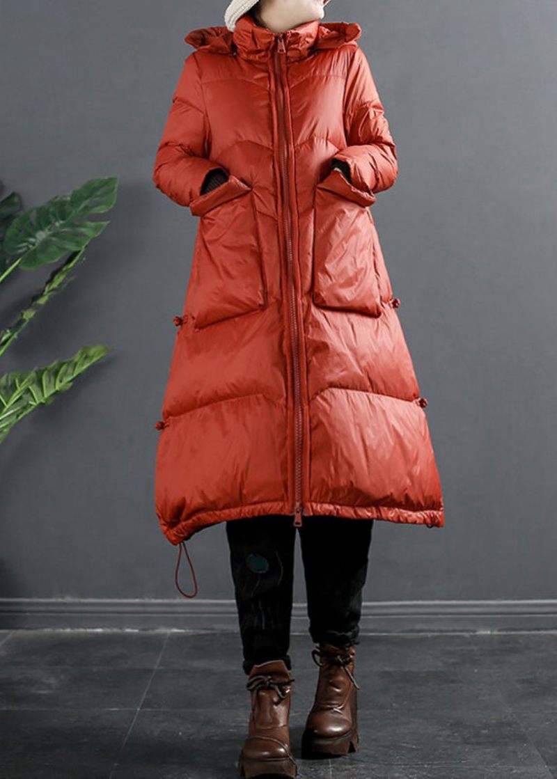 Italienska Röda Zip Up-fickor Hooded Duck Down Puffer Coat Vinter