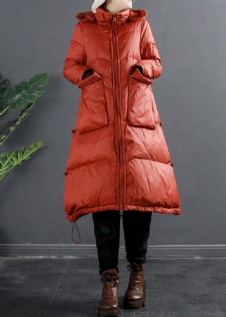 Italienska Röda Zip Up-fickor Hooded Duck Down Puffer Coat Vinter