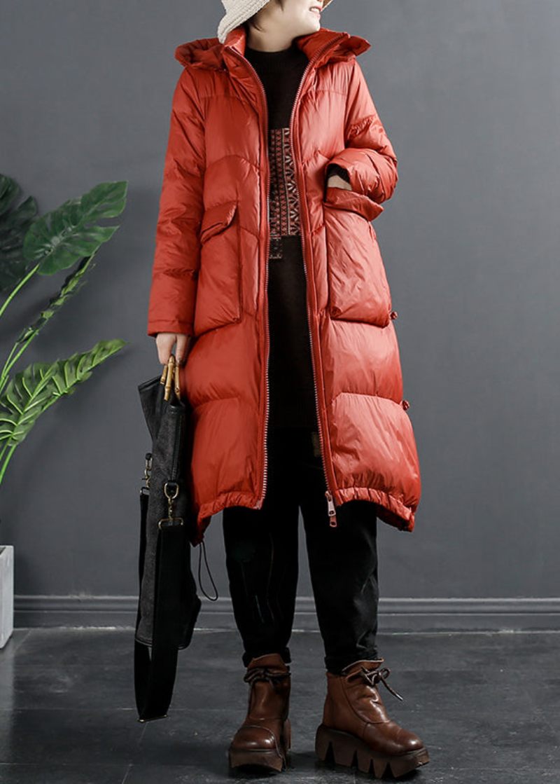 Italienska Röda Zip Up-fickor Hooded Duck Down Puffer Coat Vinter - Dunjackor för kvinnor