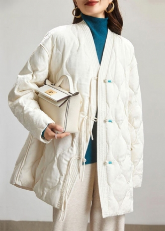 Jacquard Beige V-ringad Knapp Patchwork Duck Down Coat Spring