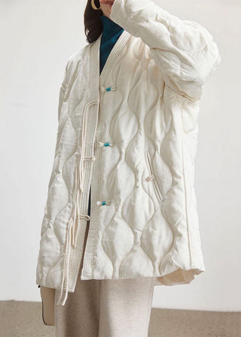 Jacquard Beige V-ringad Knapp Patchwork Duck Down Coat Spring - Vinterkappor för kvinnor