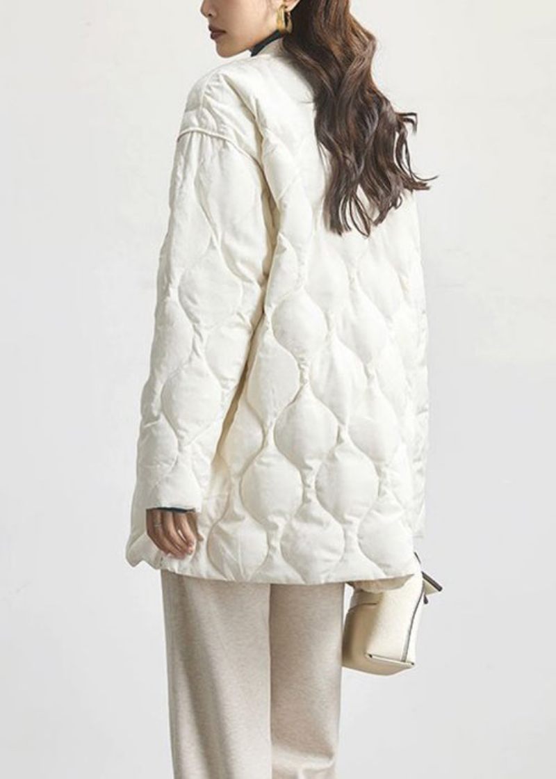 Jacquard Beige V-ringad Knapp Patchwork Duck Down Coat Spring - Vinterkappor för kvinnor