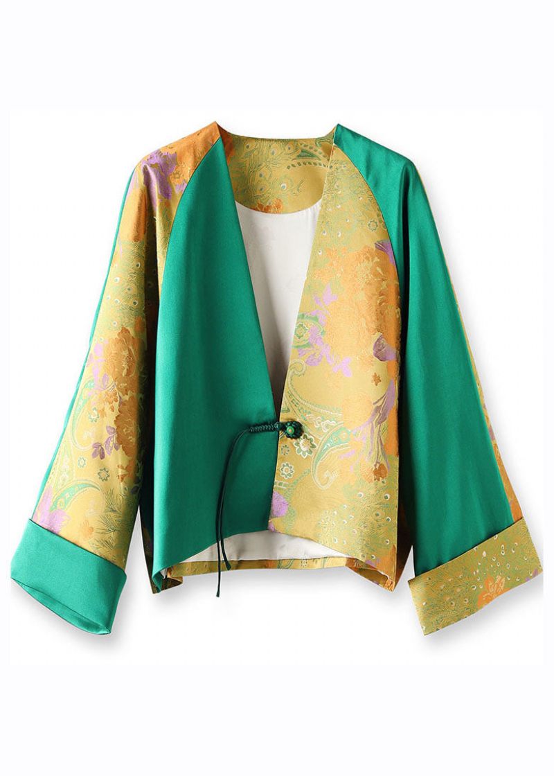 Jacquard Grön V-hals Patchwork Button Silk Coats Fall - Vinterkappor för kvinnor