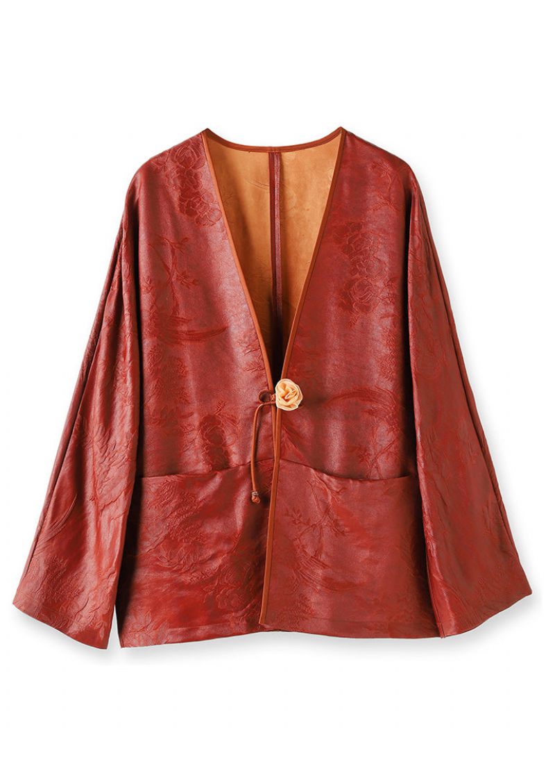 Jacquard Röda Knappfickor Patchwork Silk Coats Fall - Vinterkappor för kvinnor