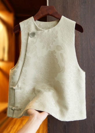 Jacquard White Tan O Neck Button Patchwork Sidenväst Ärmlös