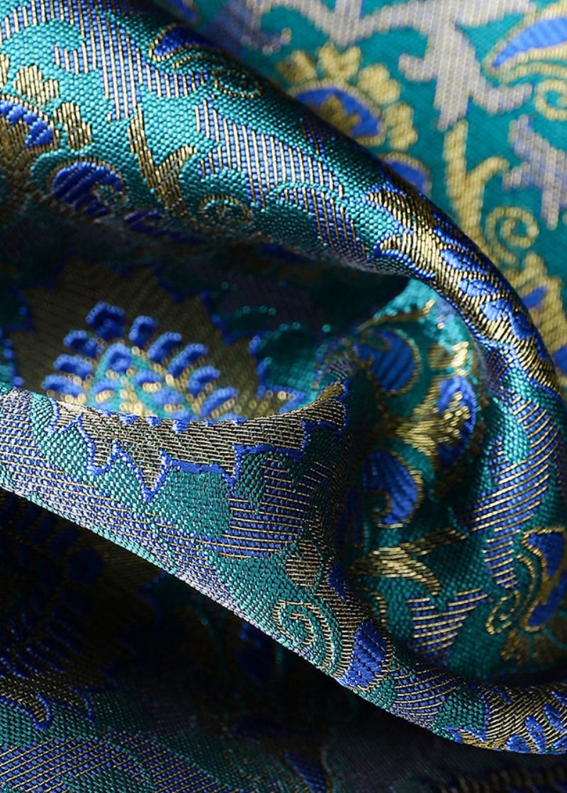 Jacquardgrön O-halsknapp Patchwork Silk Velourväst Ärmlös - Vinterkappor för kvinnor