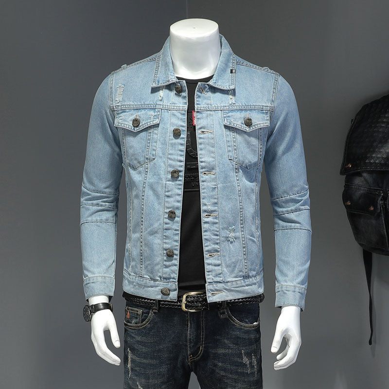 Jeansjacka Herr Jeans Kappor Lapel Långärmad Enkelknäppt Smal Motorcykel Bomber Ljusblå Fritidskläder Ytterkläder - Himmelsblå