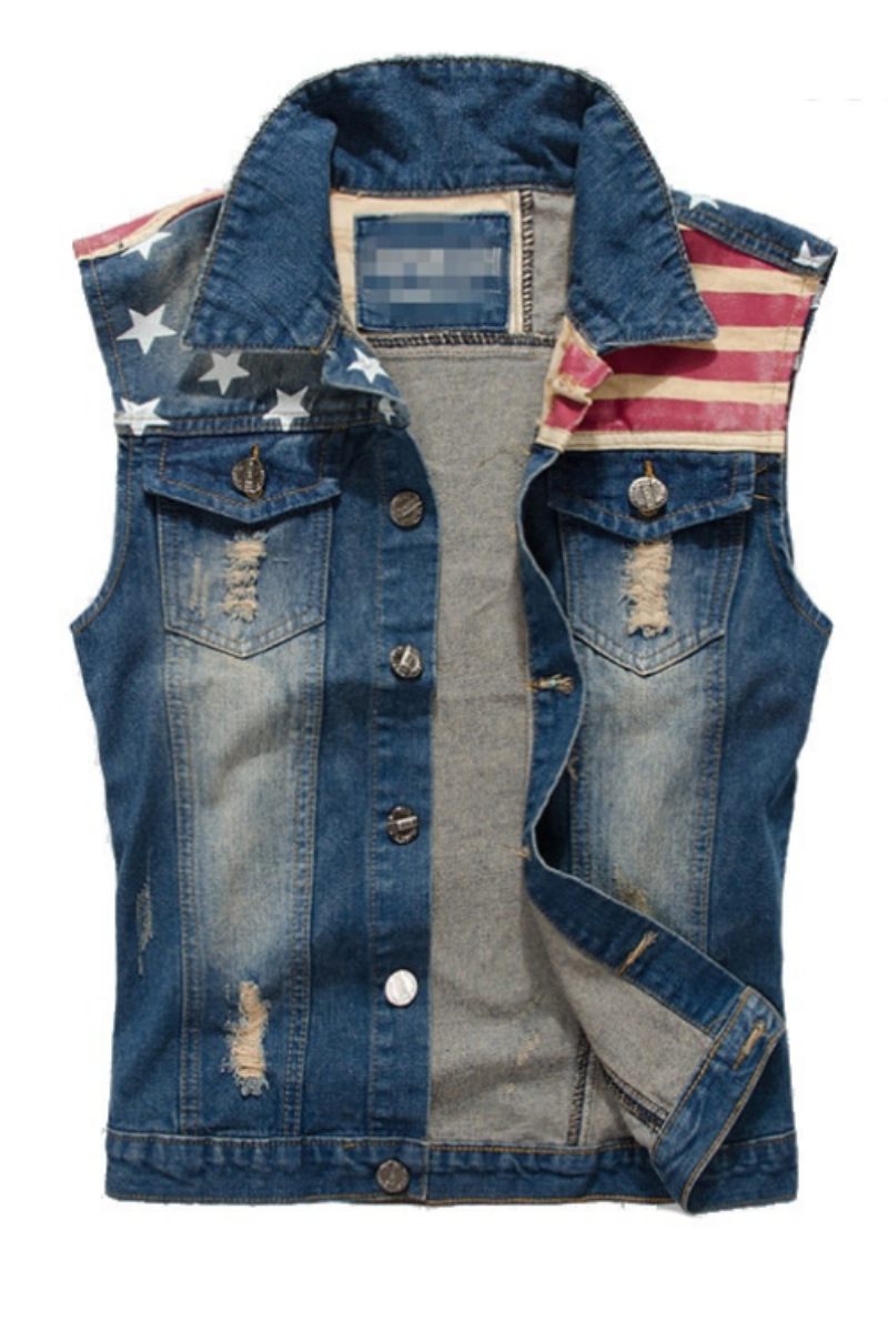 Jeansväst För Män Herr Cowboy Ripped Ärmlös Vintagejacka Tank Spring Usa Flagga Tvättad