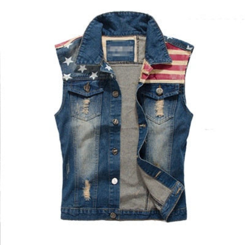 Jeansväst För Män Herr Cowboy Ripped Ärmlös Vintagejacka Tank Spring Usa Flagga Tvättad - Demin Blå