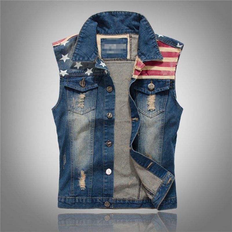 Jeansväst För Män Herr Cowboy Ripped Ärmlös Vintagejacka Tank Spring Usa Flagga Tvättad - Demin Blå