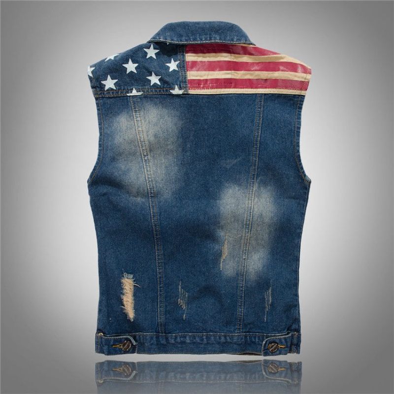 Jeansväst För Män Herr Cowboy Ripped Ärmlös Vintagejacka Tank Spring Usa Flagga Tvättad - Demin Blå