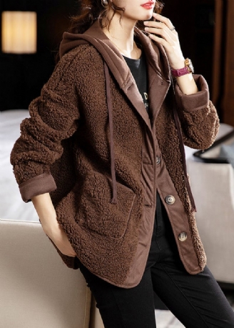 Kaffefickor Patchwork Coats Teddy Fuskpäls Hooded Long Sleeve