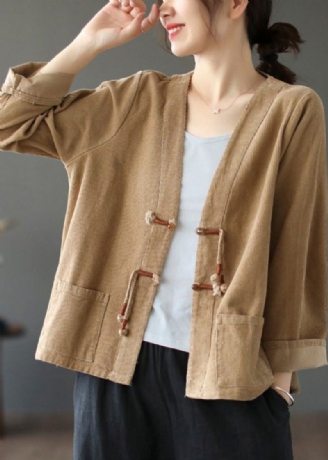 Kaffefickor Patchwork Corduroy Coat V-hals Tofs Höst