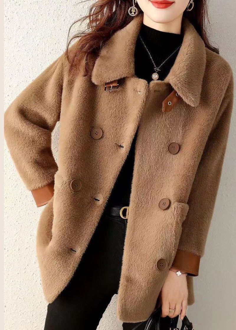 Kaffefickor Patchwork Faux Fur Coat Peter Pan Krage Knapp Fall - Vinterkappor för kvinnor