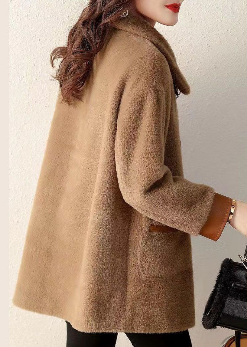 Kaffefickor Patchwork Faux Fur Coat Peter Pan Krage Knapp Fall - Vinterkappor för kvinnor