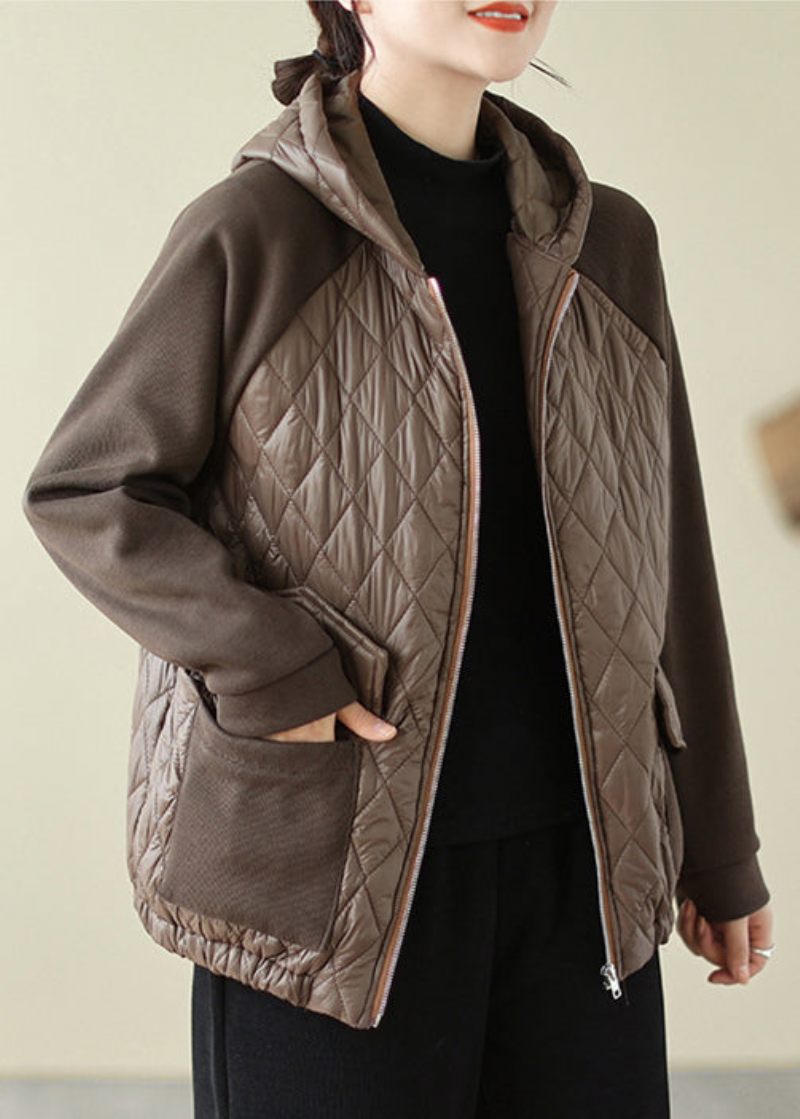 Kaffefickor Patchwork Fin Bomullsfylld Hooded Coat Zip Up Winter - Dunjackor för kvinnor