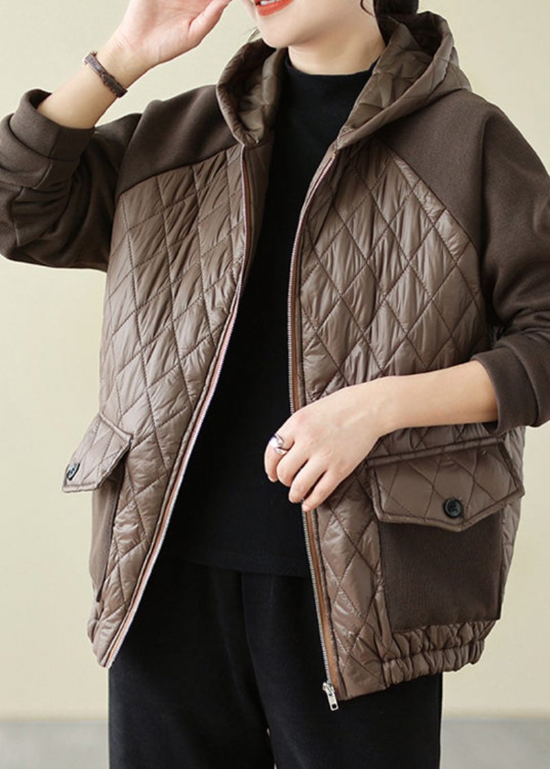 Kaffefickor Patchwork Fin Bomullsfylld Hooded Coat Zip Up Winter - Dunjackor för kvinnor