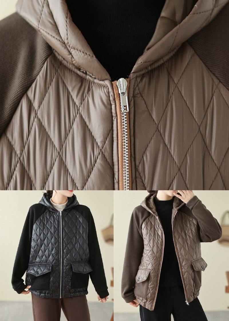 Kaffefickor Patchwork Fin Bomullsfylld Hooded Coat Zip Up Winter - Dunjackor för kvinnor