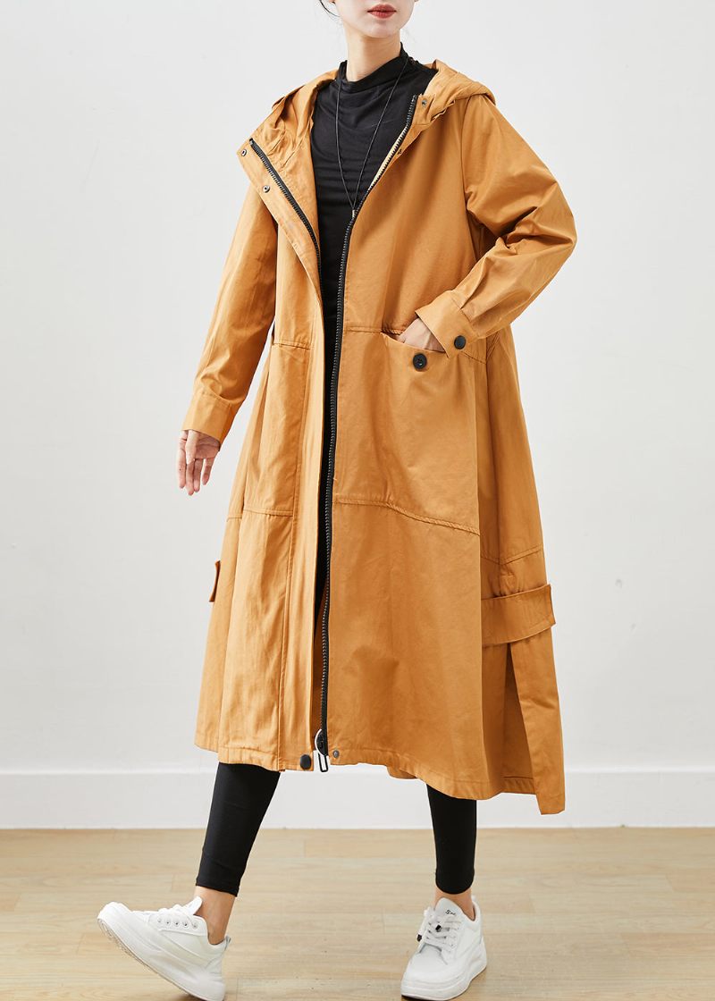 Kaki Loose Cotton Trench Coats Hooded Pockets Fall