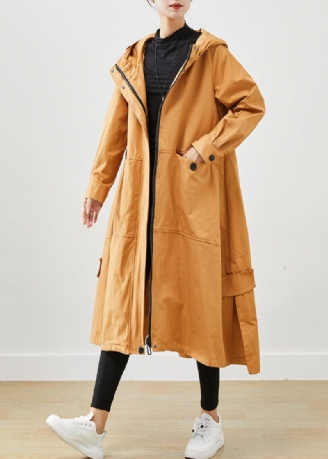 Kaki Loose Cotton Trench Coats Hooded Pockets Fall