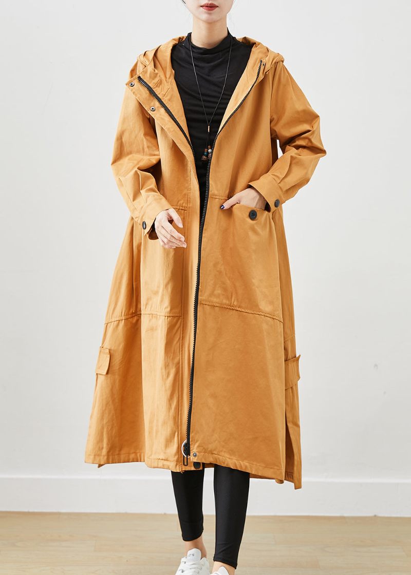 Kaki Loose Cotton Trench Coats Hooded Pockets Fall - Trenchcoats för kvinnor